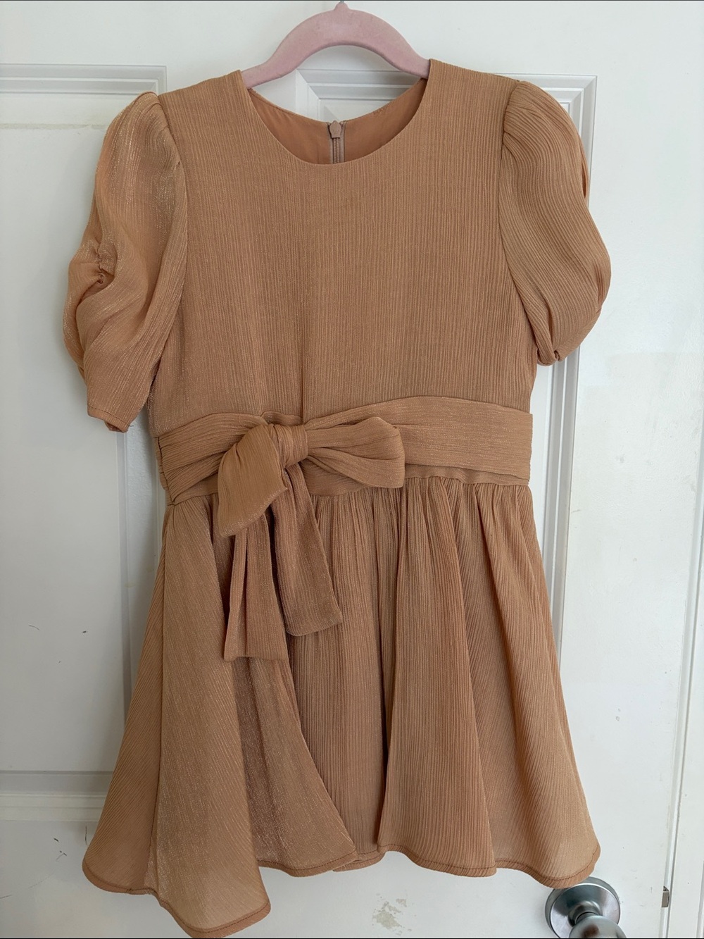 Girls' Tan Puff-Sleeve Bow Waist Formal Dress